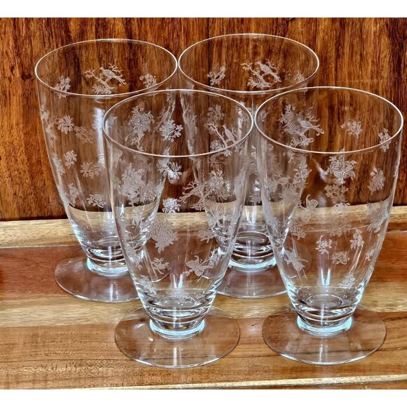 Heisey Chintz Etched Ice Tea Glasses 5.5” vintage bird butterfly floral 4piece - Picture 1 of 11